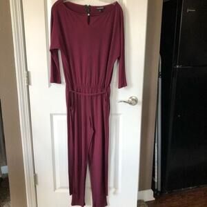 NINA LEONARD Jumpsuit Womens Medium M Wine Red Stretch Waist Belted Half Sleeve